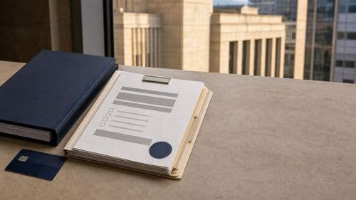 Sealed licence document in an open folder before a columned building