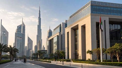 Dubai office facade with Burj Khalifa and the financial district behind
