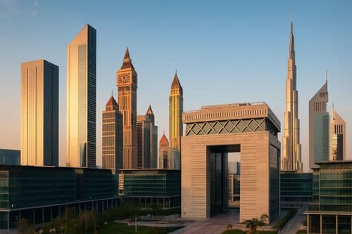 Dubai DIFC Gate building among the financial district towers, Burj Khalifa behind