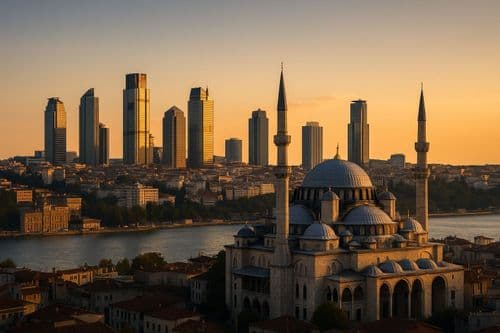 Istanbul at sunset, mosque domes and minarets before modern towers