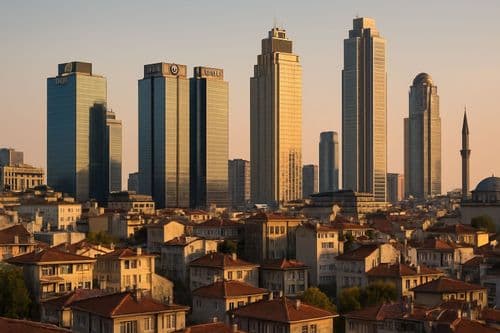Istanbul rooftops and a minaret beneath a dense modern skyline