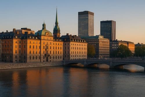 Stockholm old town waterfront glowing at dusk