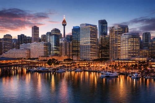 Sydney harbour at night with the lit central business district