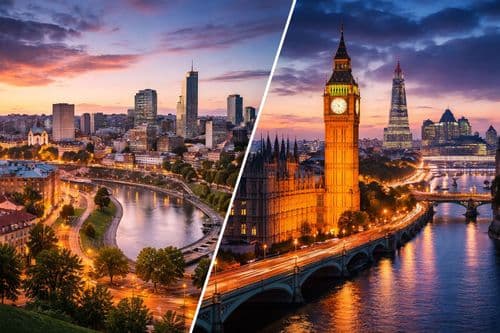 Split collage of a Baltic business district and London's Big Ben at dusk
