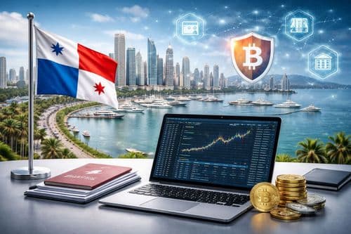 Panama flag beside a trading laptop and bitcoin coins, city towers behind