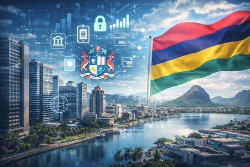 Mauritius flag over the Port Louis skyline with payment security icons