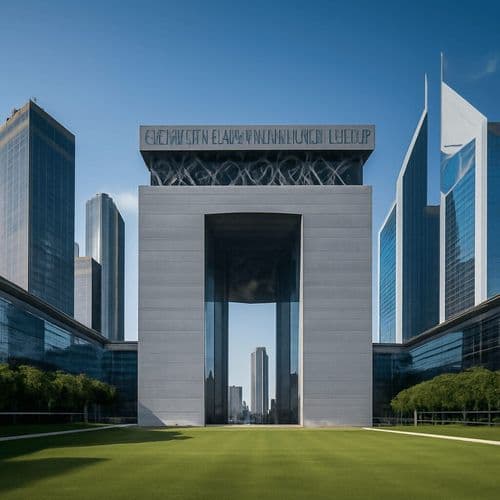 Dubai DIFC Gate building framed by the financial district towers