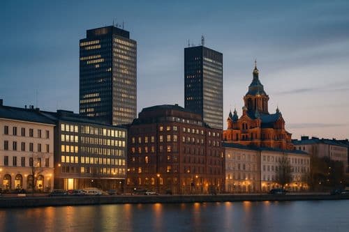 Helsinki waterfront at dusk with Uspenski Cathedral above the rooftops