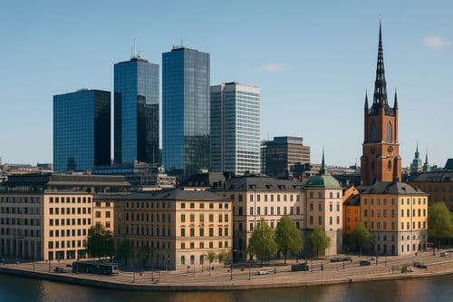 Stockholm with Riddarholmen church spire in front of modern high-rises