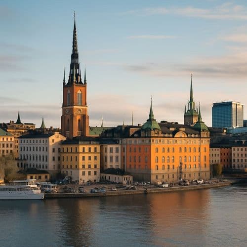 Stockholm old town spires at dusk across the water