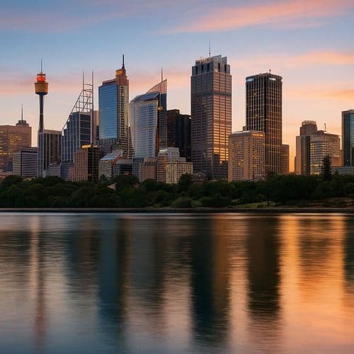 Sydney skyline at dusk reflected across the harbour