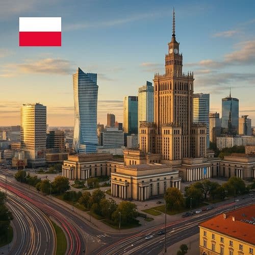 Warsaw skyline around the Palace of Culture and Science, Polish flag inset