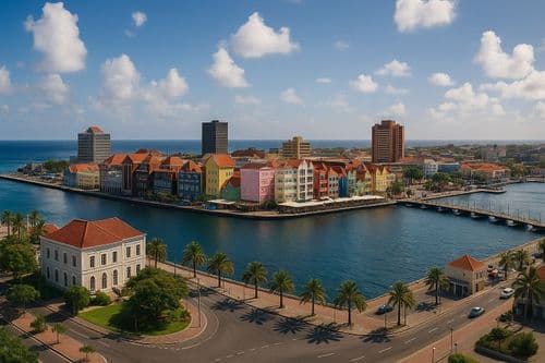 Aerial Willemstad with its colourful quarter and harbour bridge