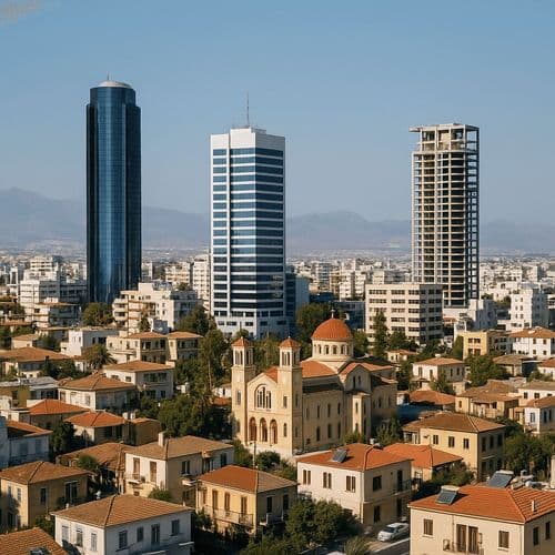Limassol twin towers above red-roofed houses and a small church
