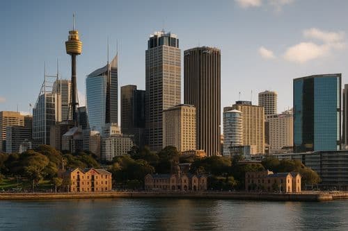Sydney skyline with Sydney Tower above historic waterfront warehouses