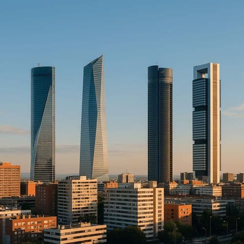 Madrid Cuatro Torres skyscrapers rising above brick apartment blocks