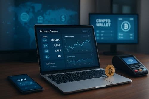 Desk with a laptop showing an accounts dashboard, crypto wallet screen and a bitcoin coin