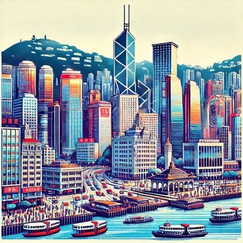 Illustrated Hong Kong skyline across the harbour with boats in the foreground