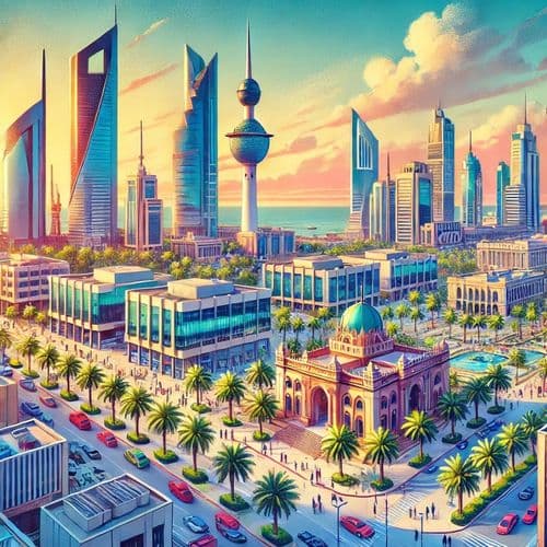 Illustrated Kuwait City skyline with its landmark towers at sunset