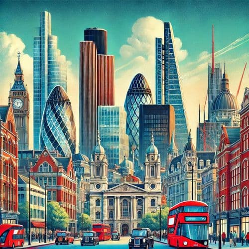 Illustrated London street with red buses under a cluster of glass towers