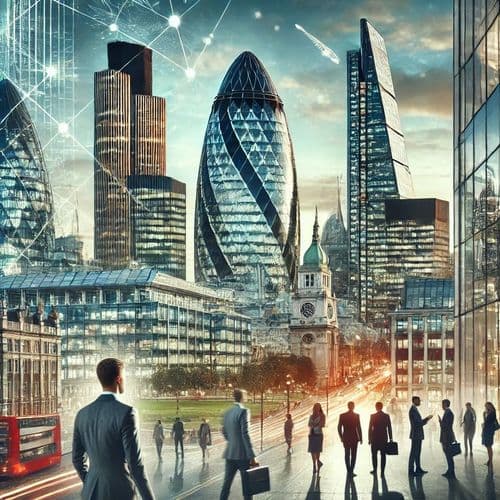 Illustrated City of London skyline with the Gherkin tower above a busy street