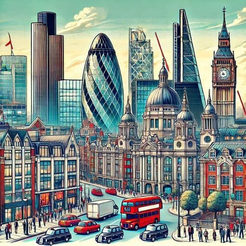 Illustrated London skyline with Big Ben, the Gherkin and red buses