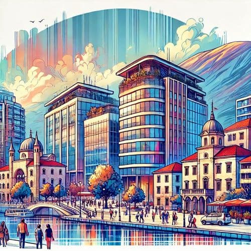 Illustrated Montenegrin coastal town with red roofs along the waterfront
