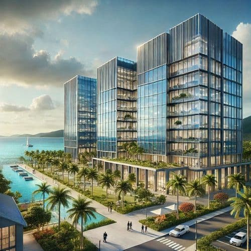Modern glass office building among palm trees under a clear sky