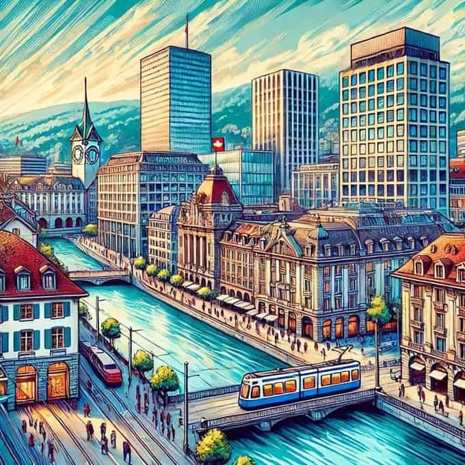 Illustrated Swiss riverside old town with bridges and red Swiss flags