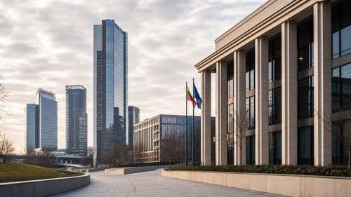 Columned institutional building beside modern glass towers