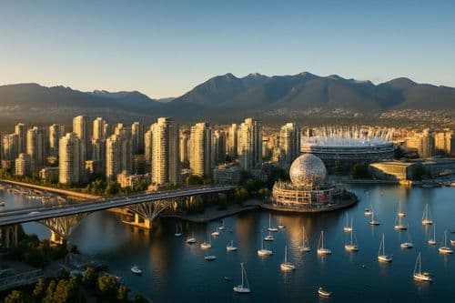 Vancouver waterfront with marina, dome pavilion and mountains behind