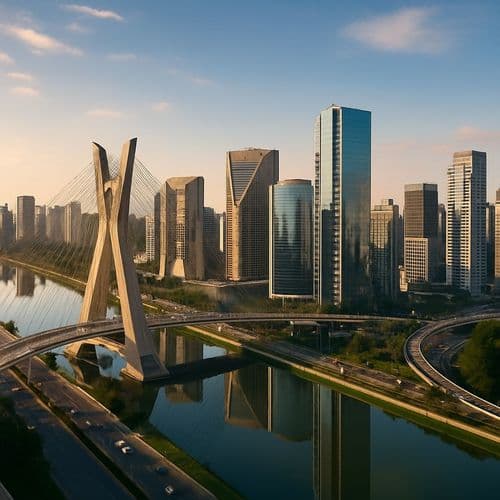 Sao Paulo skyline behind the cable-stayed Octavio Frias bridge