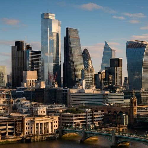 City of London towers rising above older stone buildings