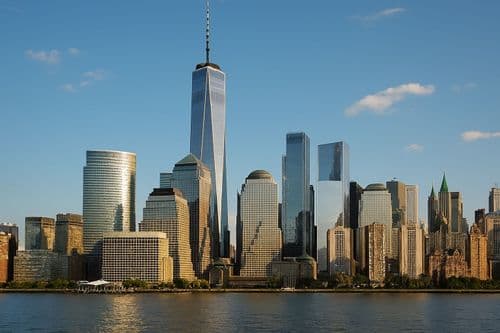Lower Manhattan skyline with One World Trade Center across the water