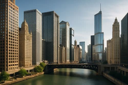 Chicago river canyon between high-rise towers with a steel bridge