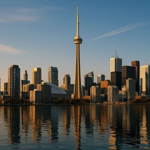 Toronto skyline with the CN Tower reflected in the lake
