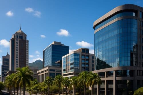 Palm-lined offices and a curved glass tower in Port Louis
