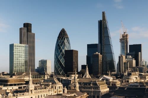 City of London with the Gherkin and Cheesegrater above ornate rooftops