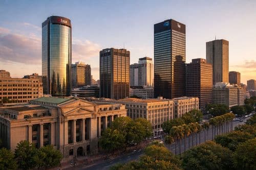 Johannesburg towers above a tree-lined avenue and a classical facade