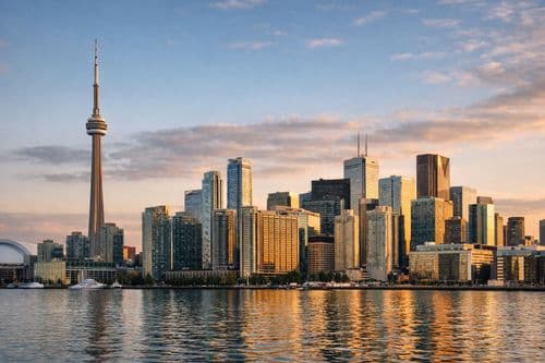 Toronto skyline with the CN Tower at sunset across the lake