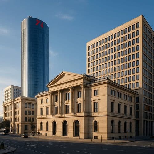 Neoclassical bank building beneath a modern office tower