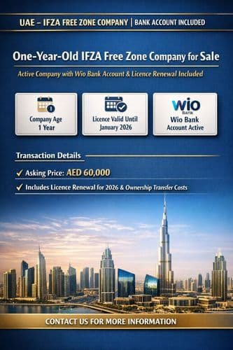 Promo card listing IFZA free-zone company details above the Dubai skyline
