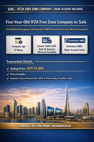 Promo card for a five-year-old IFZA free-zone company above the Dubai skyline