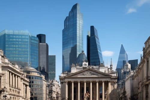 Royal Exchange columns under the modern towers of the City of London