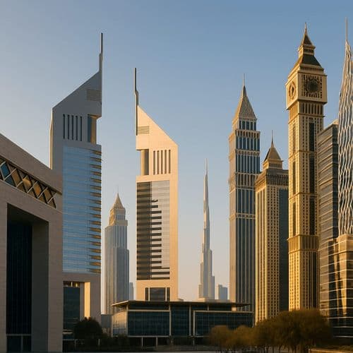 Dubai Emirates Towers at golden hour with Burj Khalifa behind
