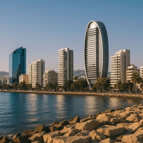 Curved glass tower on the Limassol seafront behind a rocky shore