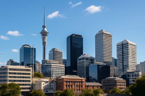Auckland skyline with the Sky Tower above the downtown blocks