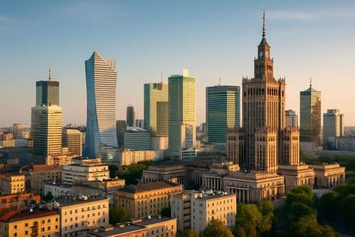 Warsaw skyline mixing the Palace of Culture with modern glass towers