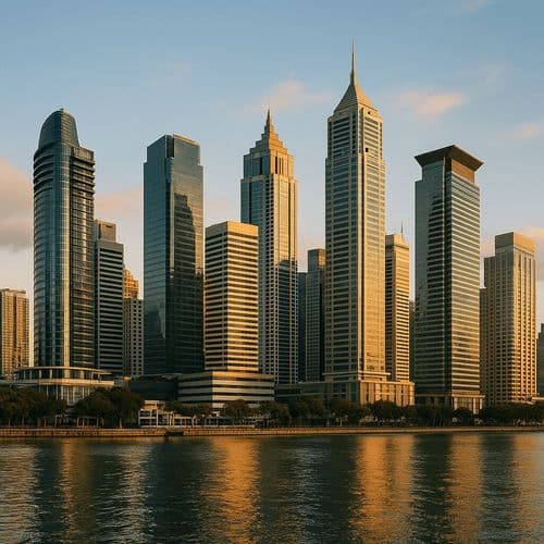 Dense high-rise skyline at golden hour along the waterfront