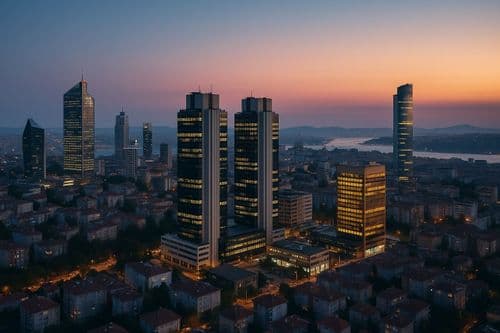 Istanbul towers at sunset above low-rise rooftops near the Bosphorus